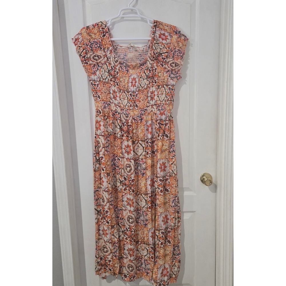 Soft Surroundings Maxi Dress Womens Large Orange Tile Print Smocked Boho Festive
